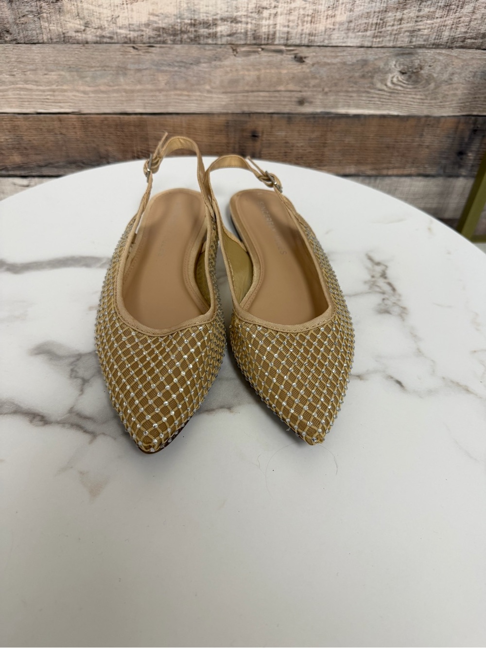 Sincerly Jules Tan Rhinestone Slingback Flats with Mesh 7.5